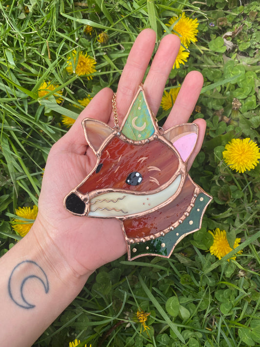 Light Green Mini Wizard Fox Stained Glass Suncatcher