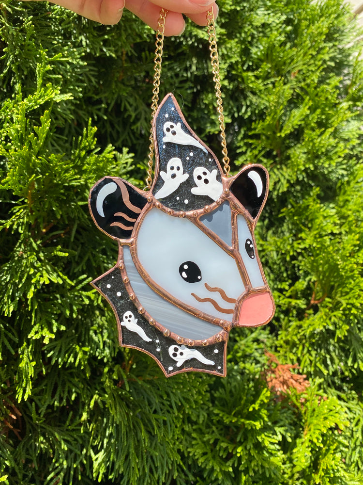 Mini Ghost Wizard Opossum Stained Glass Suncatcher