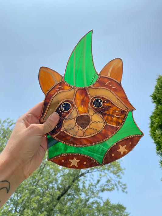 (Discounted due to crack) Green Glitter Wizard Raccoon Stained Glass Suncatcher