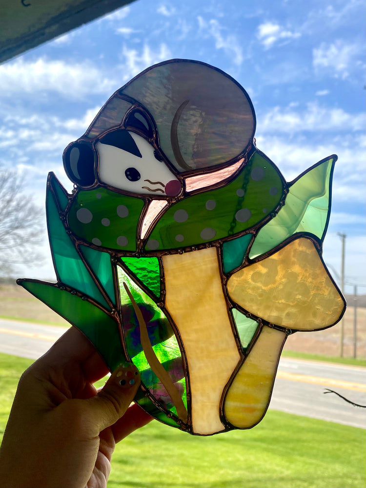 Sleepy Opossum Mushroom Stained Glass Suncatcher