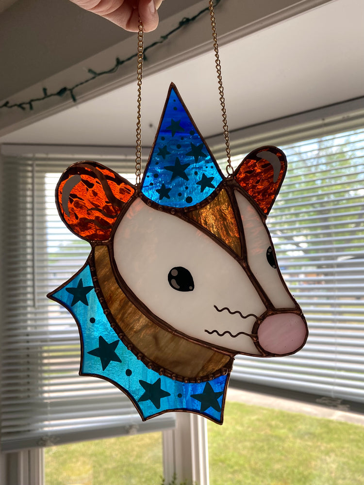 Blue Star Wizard Opossum Stained Glass Suncatcher