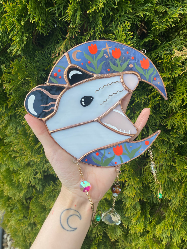 Springtime Screamy Opossum Moon Stained Glass Suncatcher