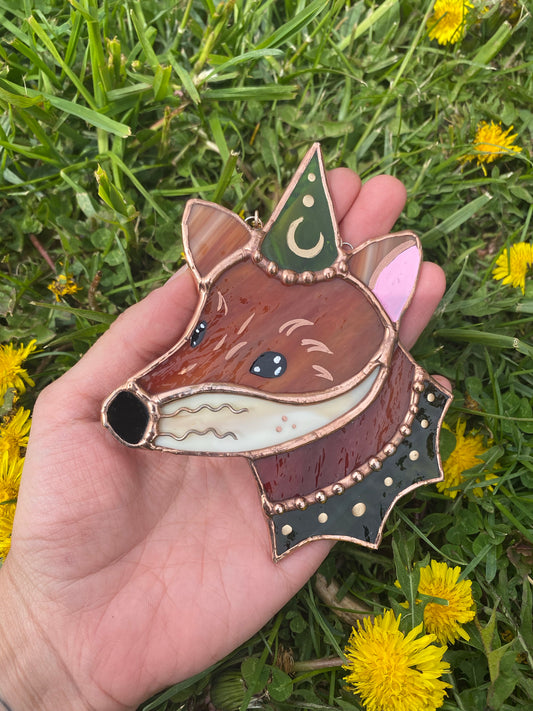 Dark Green Mini Wizard Fox Stained Glass Suncatcher