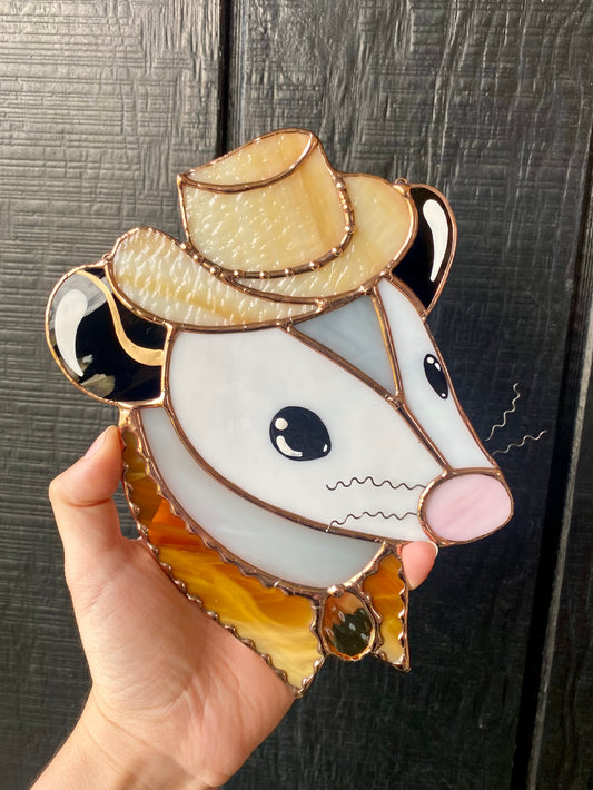 Golden Yellow Cowboy Opossum Stained Glass Suncatcher