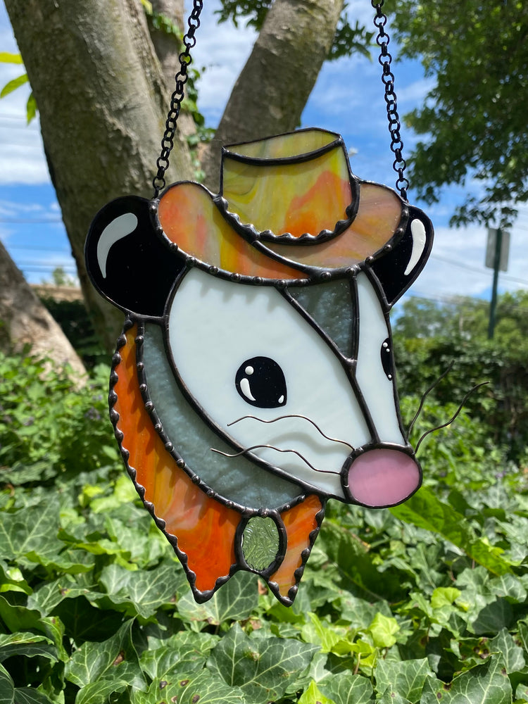 Tie Dye Cowboy Opossum Stained Glass Suncatcher