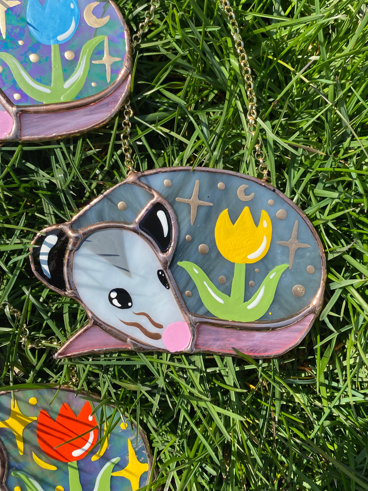 Sleepy Yellow Tulip Opossum Stained Glass Ornament