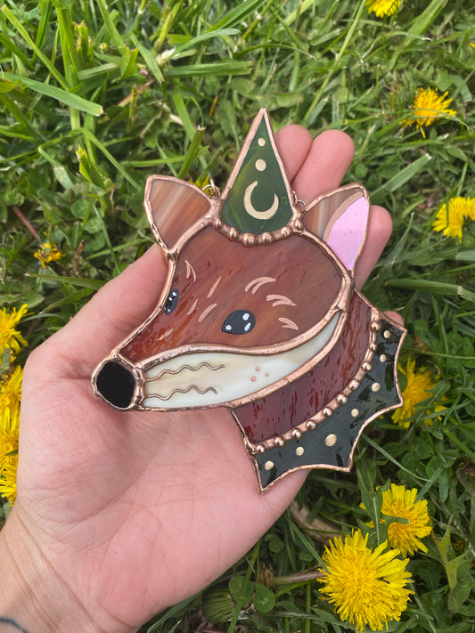 Dark Green Mini Wizard Fox Stained Glass Suncatcher