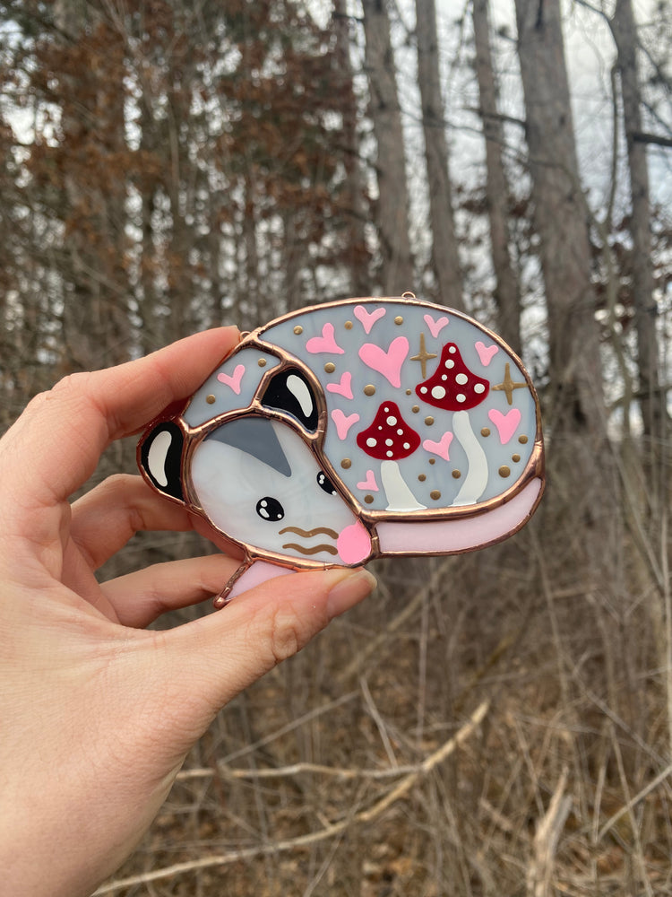 Mini Red (ver 2) Valentine Sleepy Opossum Stained Glass Suncatcher