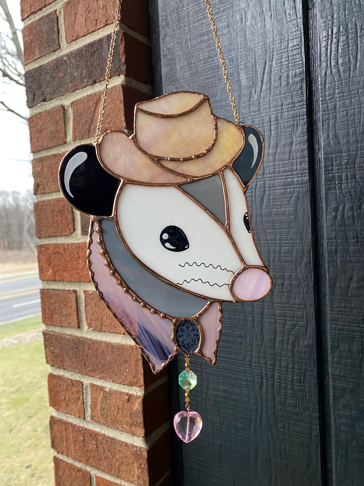 Lavender Cowboy Opossum Stained Glass Suncatcher