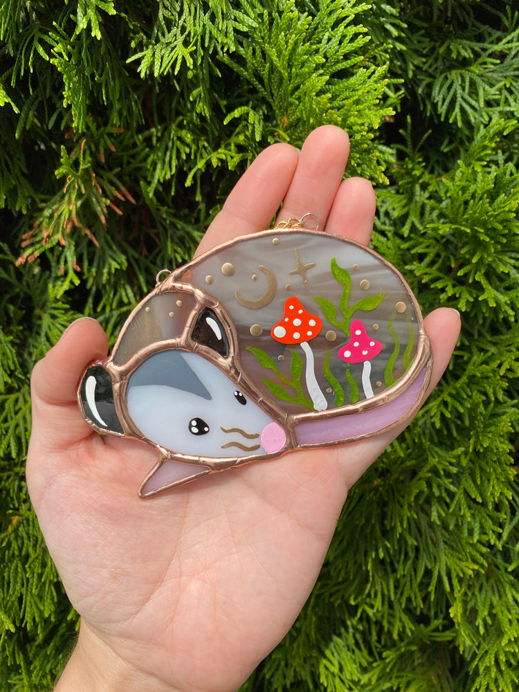 Mini Pink and Orange Mushroom Opossum Stained Glass Suncatcher