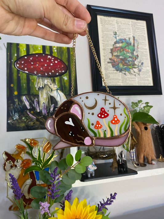 (stars) Mini Brown Rat and Red Mushroom Stained Glass Suncatcher