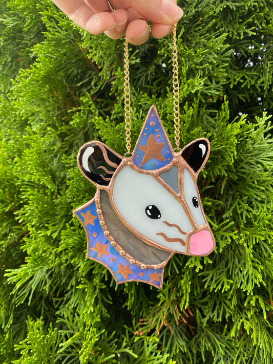 Iridescent Periwinkle Mini Wizard Opossum Stained Glass Suncatcher