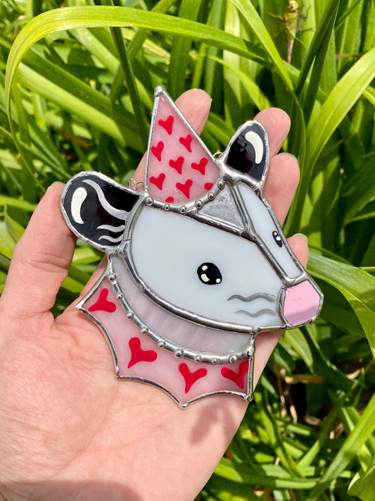 Mini Pink Valentine Opossum Stained Glass Suncatcher