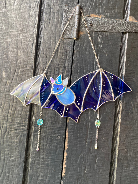 Blue Swirl Wizard Bat Stained Glass Suncatcher