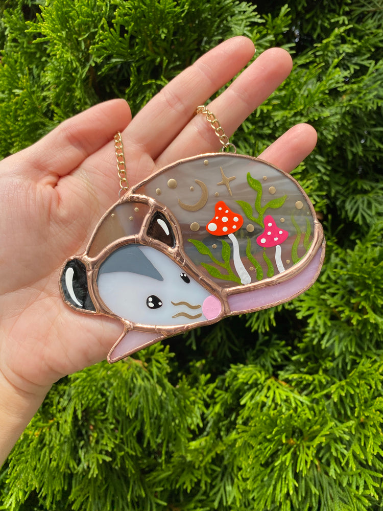 Mini Pink and Orange Mushroom Opossum Stained Glass Suncatcher