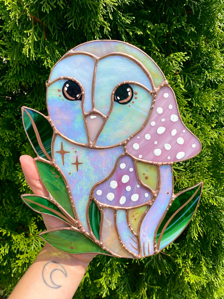 Pink and Purple Iridescent Owl Stained Glass Suncatcher