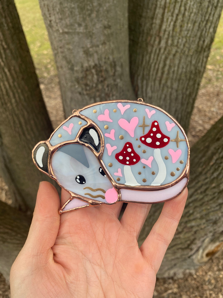 Mini Red (ver 2) Valentine Sleepy Opossum Stained Glass Suncatcher