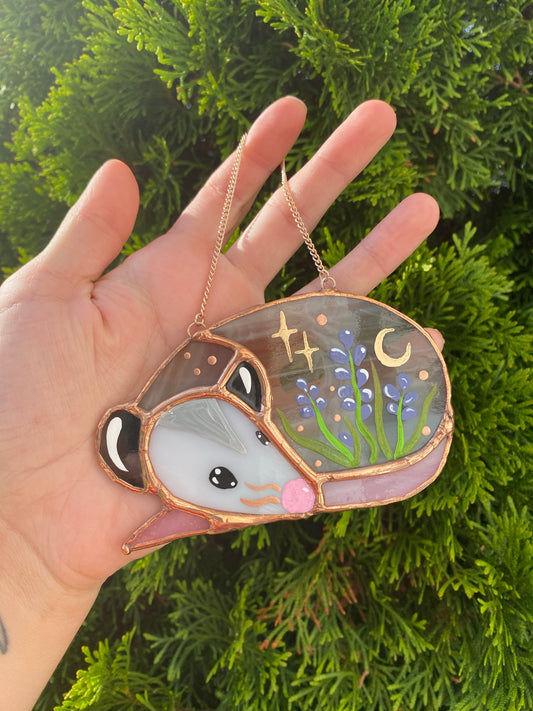 Lavender Sleepy Opossum Mini Stained Glass Suncatcher