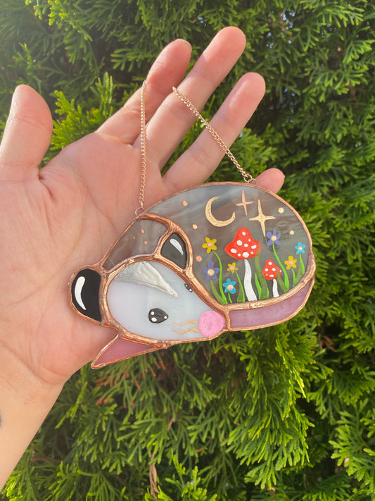 Wildflowers and Mushroom SleepyOpossum Mini Stained Glass Suncatcher