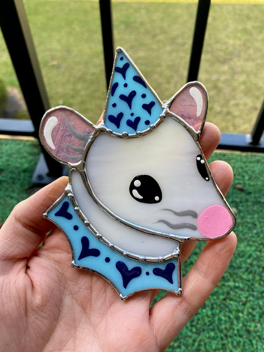 Mini White and Blue Wizard Rat Stained Glass Ornament