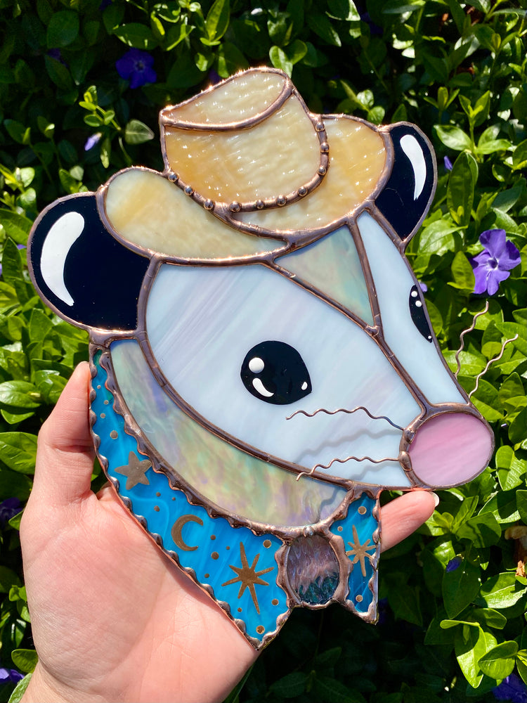 Blue and Gold Cowboy Opossum Stained Glass Suncatcher