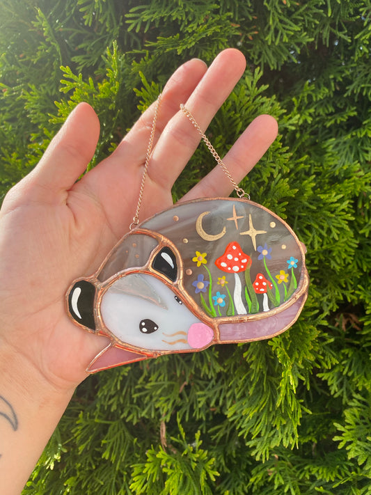 Wildflowers and Mushroom SleepyOpossum Mini Stained Glass Suncatcher