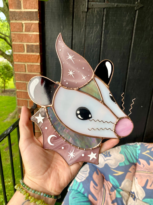 Warm Lavender SparkleWizard Opossum Stained Glass Suncatcher