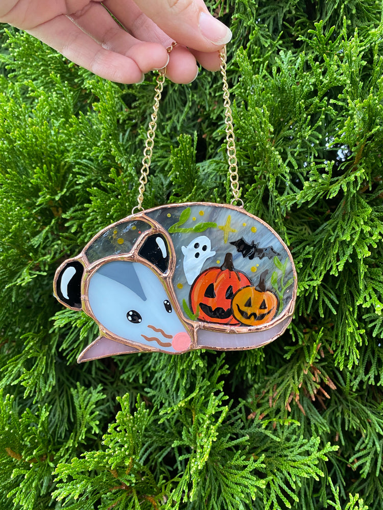 (Version 2) Pumpkins, Ghost and Bat Sleepy Opossum Mini Stained Glass Suncatcher