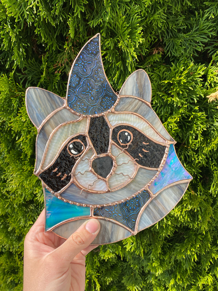 Large Blue Van Gogh Wizard Raccoon Stained Glass Suncatcher