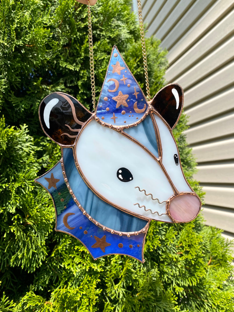 Irridescent Periwinkle Wizard Opossum Stained Glass Suncatcher