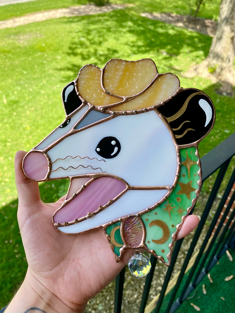 Green Celestial Screamy Cowboy Opossum Stained Glass Suncatcher