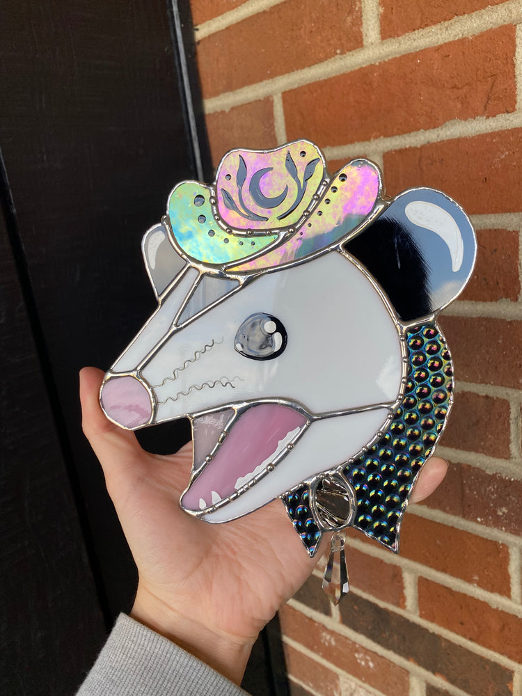 Cosmic Screaming Cowboy Opossum Stained Glass Suncatcher