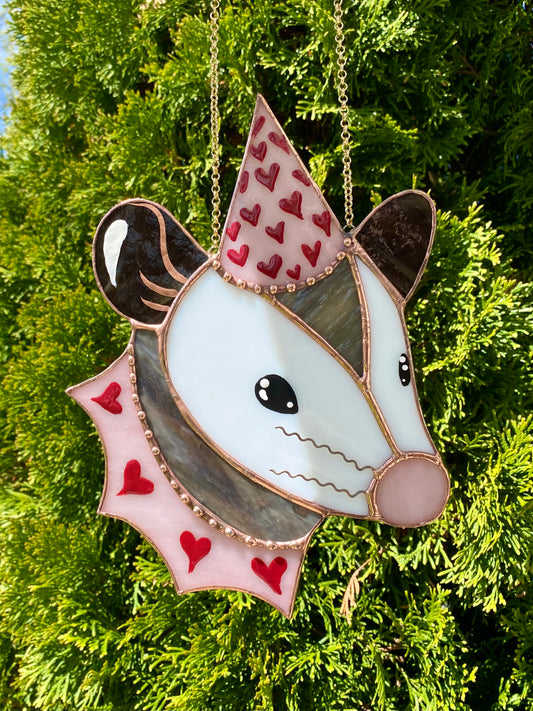 Valentine Opossum Stained Glass Suncatcher