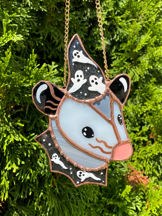 Mini Ghost Wizard Opossum Stained Glass Suncatcher