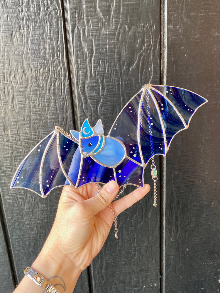 Blue Swirl Wizard Bat Stained Glass Suncatcher