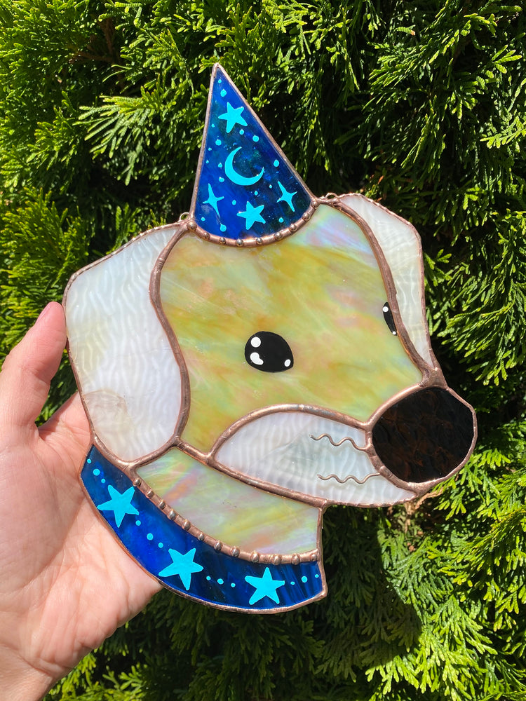 Blue Wizard Puppy Stained Glass Suncatcher