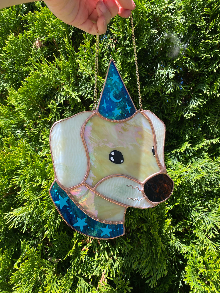 Blue Wizard Puppy Stained Glass Suncatcher