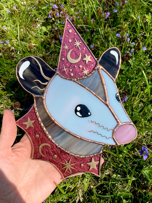 Hot Pink Wizard Opossum Stained Glass Suncatcher