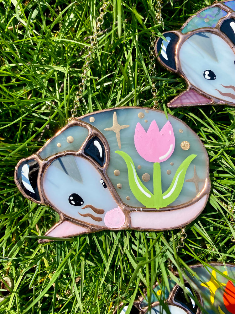 Sleepy Pink Iridescent Tulip Opossum Stained Glass Ornament