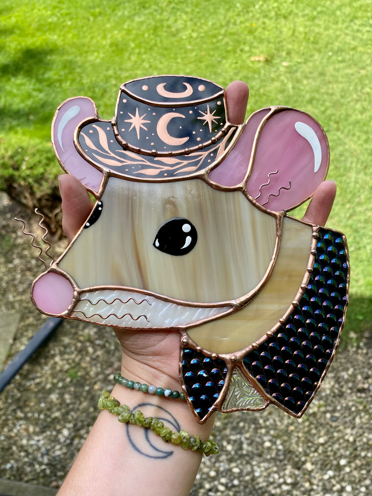 Celestial Cowboy Mouse Stained Glass Suncatcher