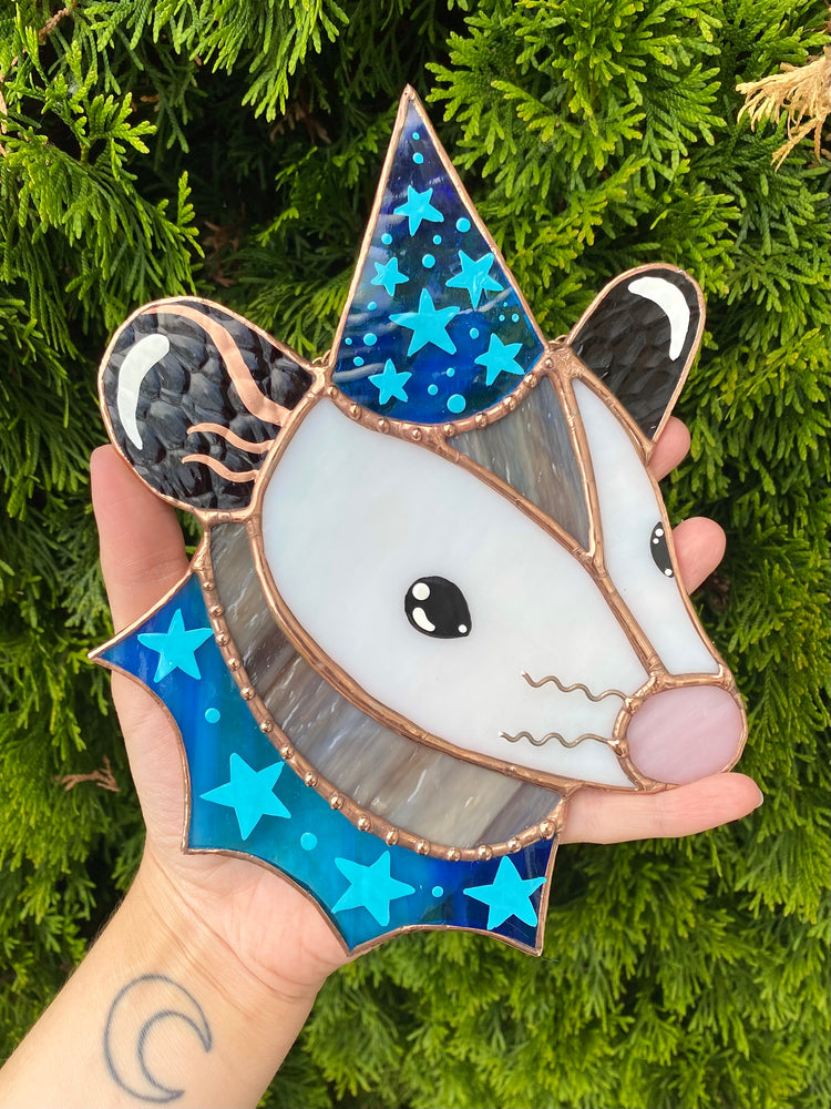 Blue Star Wizard Opossum Stained Glass Suncatcher