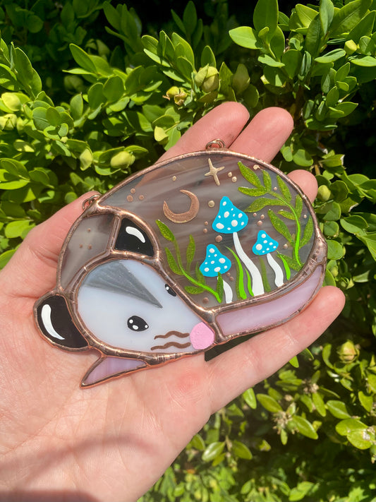 Blue Mushrooms Opossum Mini Stained Glass Suncatcher