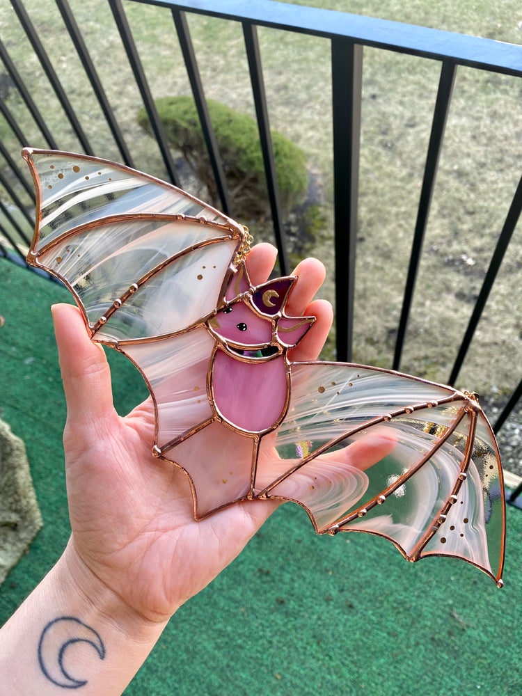 Pink Haze Wizard Bat Stained Glass Suncatcher