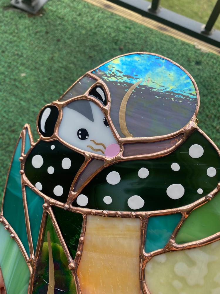 Sleepy Opossum Mushroom Stained Glass Suncatcher