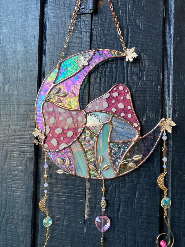 Magenta Mushroom Moon Stained Glass Suncatcher