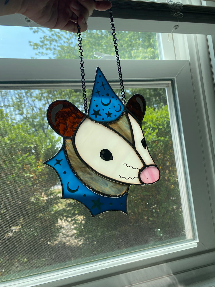 Dreamy Blue Wizard Opossum Stained Glass Suncatcher