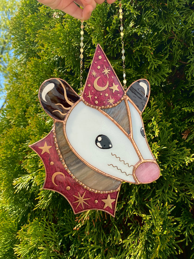 Hot Pink Wizard Opossum Stained Glass Suncatcher