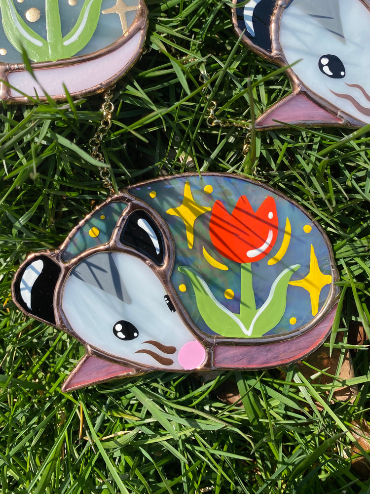 Sleepy Red Iridescent Tulip Opossum Stained Glass Ornament