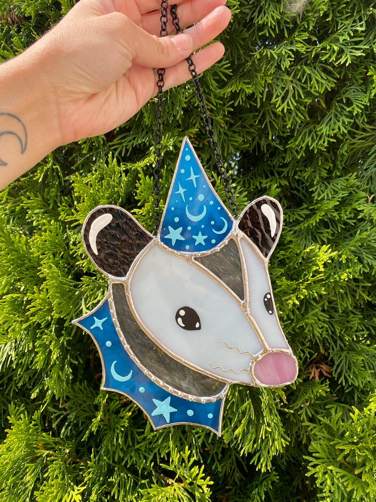 Dreamy Blue Wizard Opossum Stained Glass Suncatcher