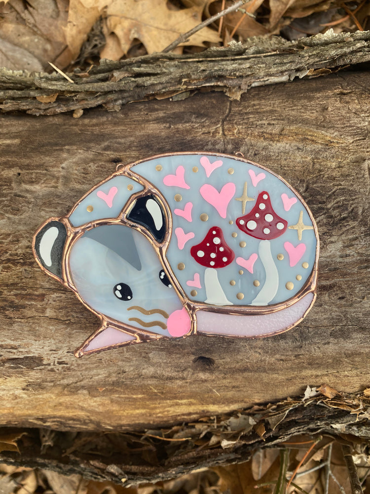 Mini Red (ver 2) Valentine Sleepy Opossum Stained Glass Suncatcher